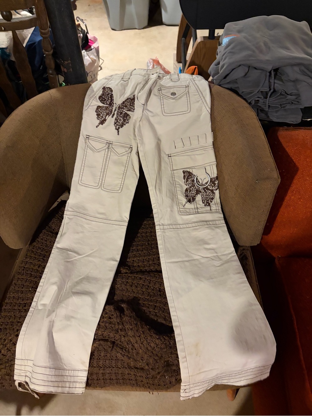 Butterfly Embroidered White Cargo Pants